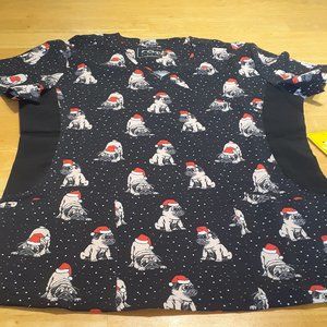 Revel Premoum Stretxh Christmas Pugs Women Sceub Top NEW